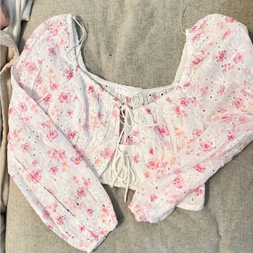 Astr Light Pink Floral Eyelet Blouse